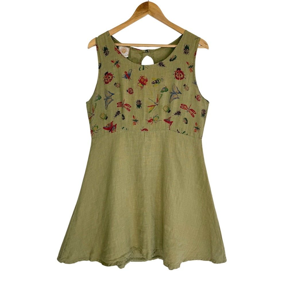 Vintage Tom Tom Linen Bug Dress M Insect Print Lagenlook 90s Artsy Forest Fairy